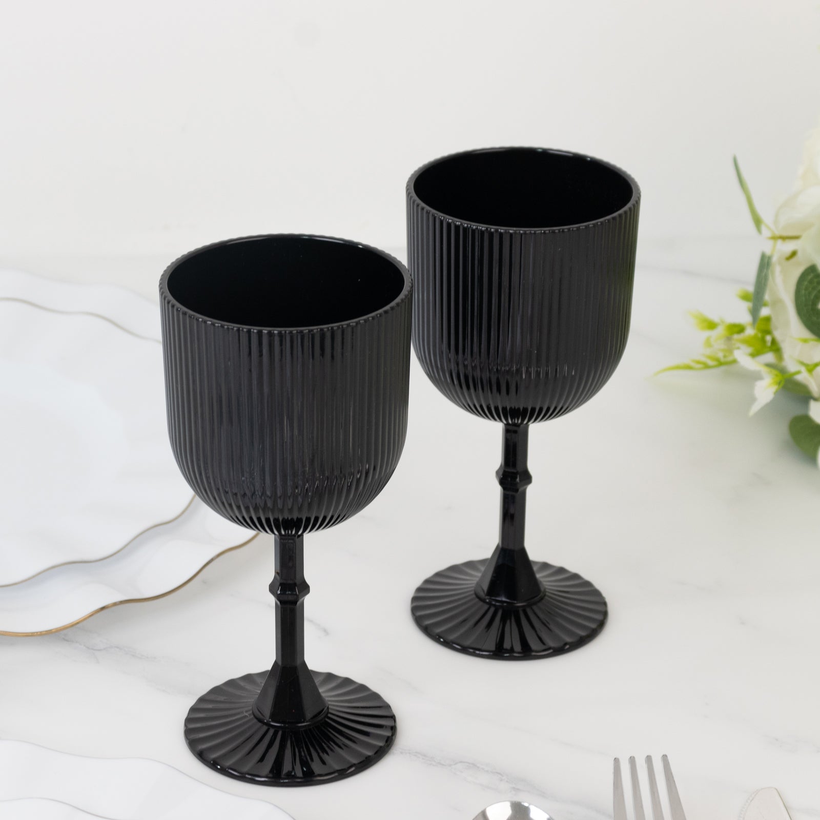 12-Pack Black Plastic Wine Glasses 9oz, Vintage Ribbed Pattern - Reusable Shatterproof Goblets